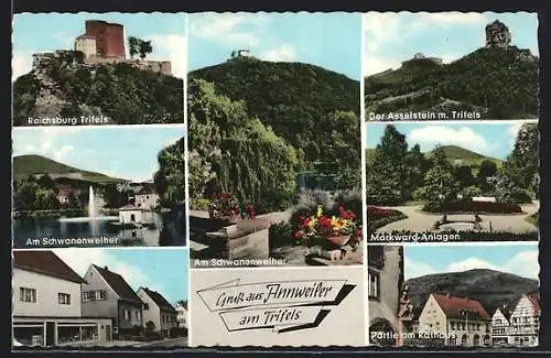 AK Annweiler am Trifels, Am Schwanenweiher, Reichsburg Trifels, Partie am Rathaus