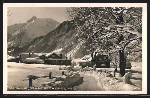 AK Spielmannsau, Ortsansicht im Winter mit Trettachspitze