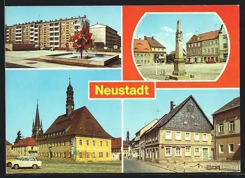 AK Neustadt / Sachsen, Friedrich-Engels-Strasse, Postmeilensäule, Rathaus, Bahnhofstrasse
