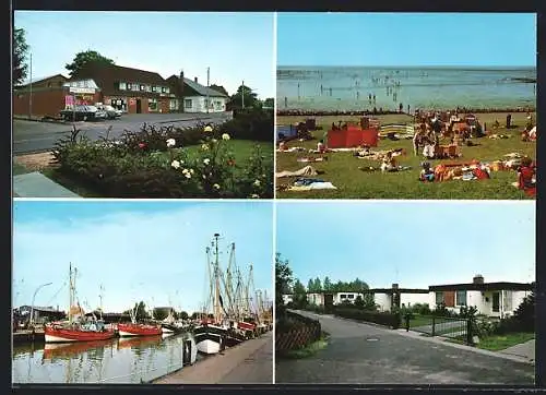 AK Friedrichskoog, VIVO H. C. Petersen u. Sohn Gemischtwaren, Hafenstrasse, Strandleben, Hafen