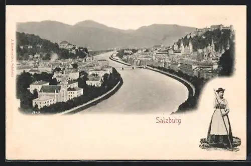 AK Salzburg, Uferpartie mit Festung, Frau in Tracht