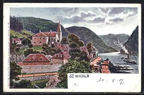 Künstler-AK St. Nikola an der Donau, Uferpartie mit Kirche und Dampfer