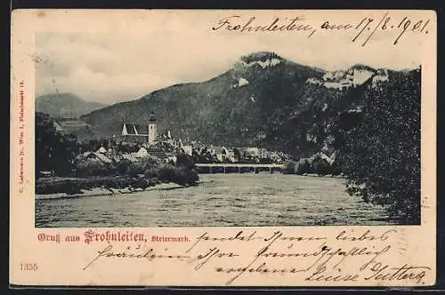 AK Frohnleiten /Steiermark, Uferpartie mit Kirche