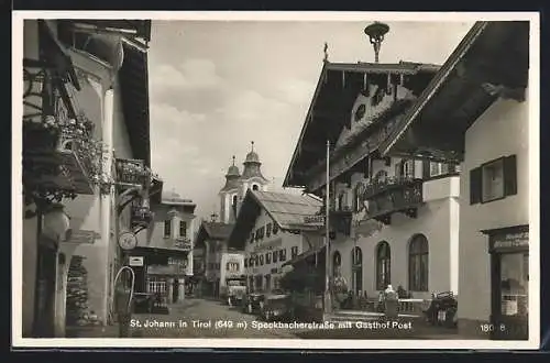 AK St. Johann in Tirol, Speckbacherstrasse mit Gasthof Post & Taback-Geschäft