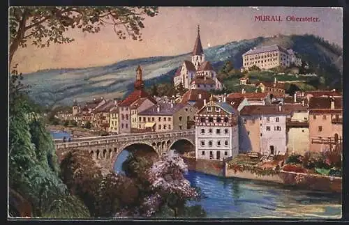 AK Murau, Ortsansicht mit Brücke