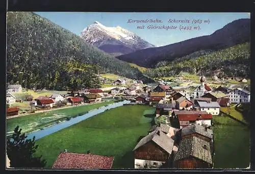 AK Scharnitz an der Mittenwald-Bahn, Ortsansicht mit Fluss und Gleirschspitze