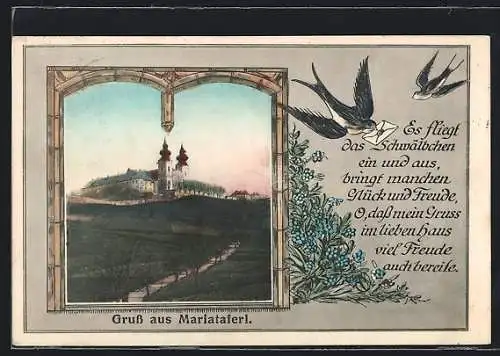 AK Maria Taferl, Blick zur Kirche, Schwalbe mit Brief, Passepartout