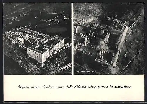 AK Montecassino, Veduta aerea dell` Abbazia prima e dopo la distruzione