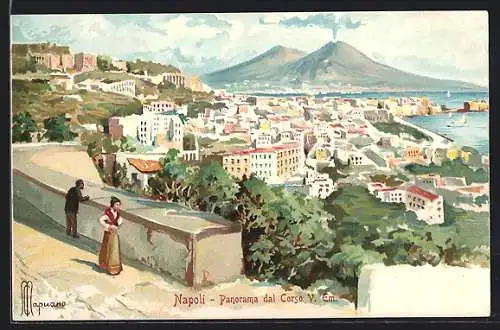 Lithographie Neapel, Panorama Corso dal Vittorio Em. mit Vesuv