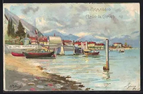 Künstler-AK Menaggio /Lago di Como, Uferpartie nahe dem Hotel Menaggio