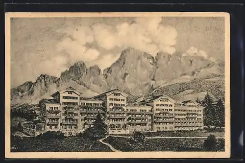 AK Karersee /Tiroler Dolomiten, Das Hotel mit Rosengartengruppe