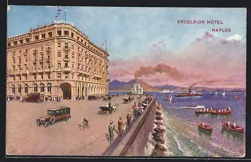 AK Naples, Excelsior Hotel, Blick von Ufer auf Boote und Autos
