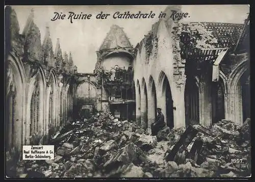 Riesen-AK Roye, Ruine der Cathedrale, Deutscher Soldat im Mittelschiff