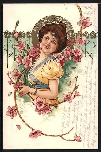 Lithographie Brünette Maid und Blüten, Jugendstil
