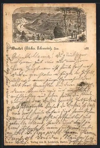 Vorläufer-Lithographie Bastei /Sächs. Schweiz, 1888, Blick vom Basteifelsen ins Elbtal