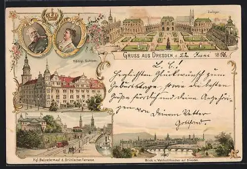 Lithographie Dresden, Zwinger, Kgl. Schloss, Kgl. Belvedere auf d. Brühl'schen Terrasse, Blick v. Waldschlösschen