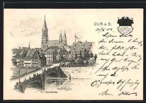 Künstler-AK Eugen Felle: Ulm a. D., Donaubrücke mit Stadtblick, Wappen