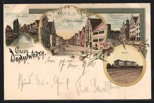 Lithographie Donauwörth, Riederthorthurm mit Hotel Krone, Untere Reichsstrasse