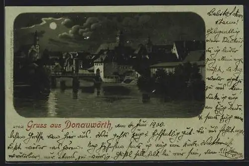 Mondschein-Lithographie Donauwörth, Panorama mit Brücke