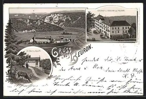 Lithographie Beuron, Gasthof und Pension zum Pelikan, Panorama mit Kloster, St. Maurus Kapelle