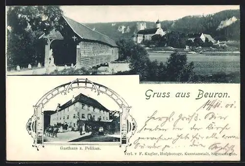 AK Beuron, Gasthaus zum Pelikan, Gebäude mit Wegkreuz und Ortsansicht