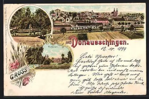 Lithographie Donaueschingen, Schloss, Donauquelle und Ortsausblick