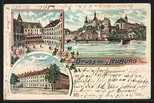 Lithographie Neuburg a. D., Kaserne, Schlosshof, Ortsansicht