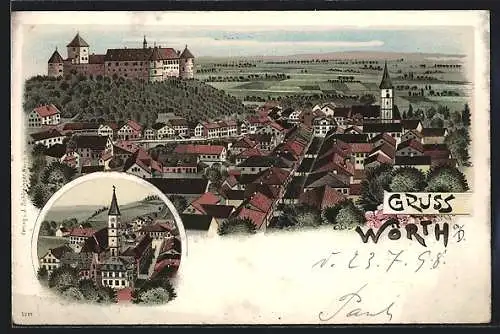 Lithographie Wörth a. D., Teilansicht mit Schloss, Blick zur Kirche