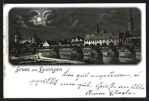 Mondschein-Lithographie Lauingen, Ortspanorama mit Brücke
