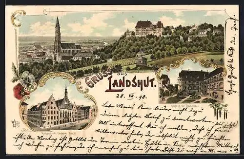 Lithographie Landshut, Teilansicht, Schloss der Trausnitz, Rathaus mit Denkmal Max II.