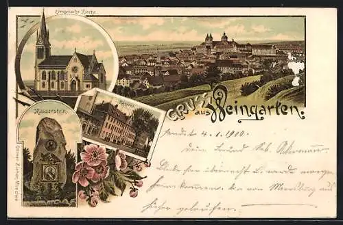 Lithographie Weingarten / Württ., Kaserne, Kaiserstein, Evang. Kirche