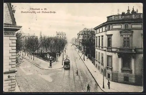 AK Offenbach a. M., Mathildenplatz und Biebererstrasse mit Strassenbahn