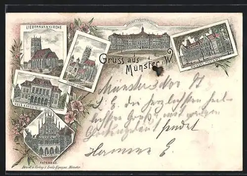 Lithographie Münster i. W., Schloss, Kaiserl. Potsamt, Liebfrauenkirche