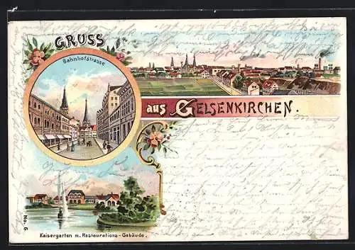 Lithographie Gelsenkirchen, Kaisergarten mit Restaurations-Gebäude, Bahnhofstrasse, Ortsansicht