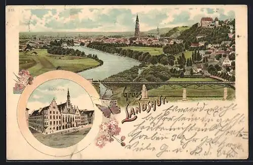 Lithographie Landshut / Isar, Teilansicht, Rathaus