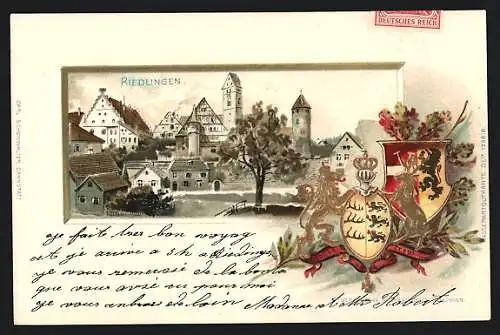 Passepartout-Lithographie Riedlingen / Donau, Ortspartie mit Wappen