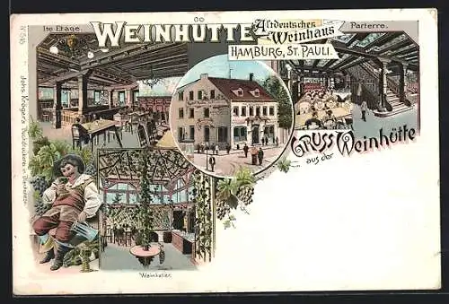 Lithographie Hamburg-St. Pauli, Weinhütte Altdeutsches Weinhaus, Parterre, 1te Etage
