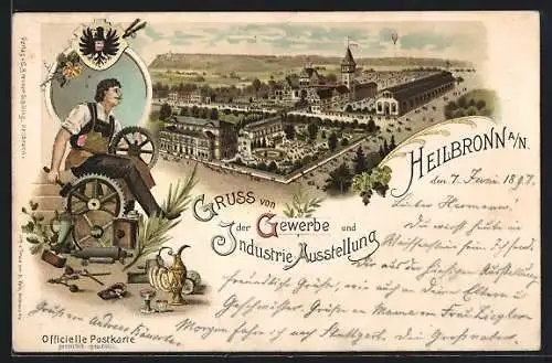 Lithographie Heilbronn a. N., Industrie- Gewerbe- und Kunst-Ausstellung, Handwerker mit Zahnrädern