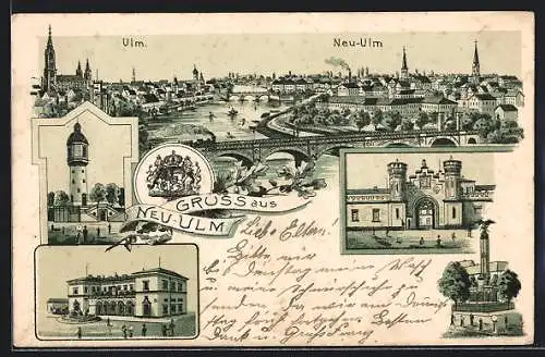 Lithographie Neu-Ulm, Schloss, Denkmal, Turm