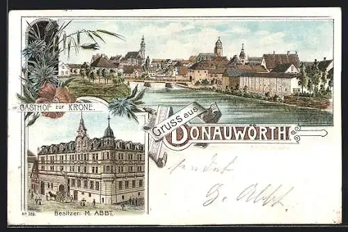 Lithographie Donauwörth, Gasthof zur Krone, Uferpartie