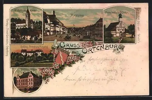 Lithographie Ortenburg, Schloss Ortenburg, Katholische Kirche, Marktplatz