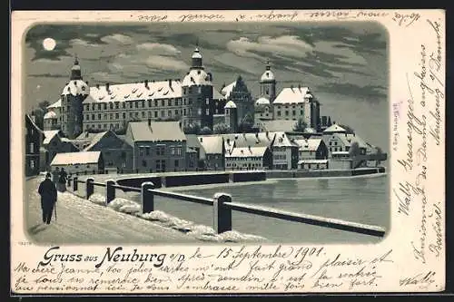 Winter-Lithographie Neuburg a. D., Schloss bei Vollmond