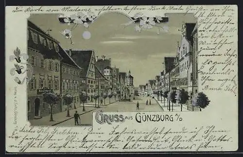 Lithographie Günzburg a. D., Strassenpartie mit Apotheke