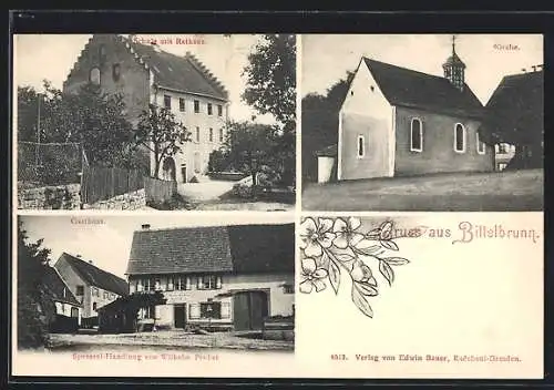 AK Bittelbrunn, Spezerei-Handlung Wilhelm Probst, Schule mit Rathaus, Kirche