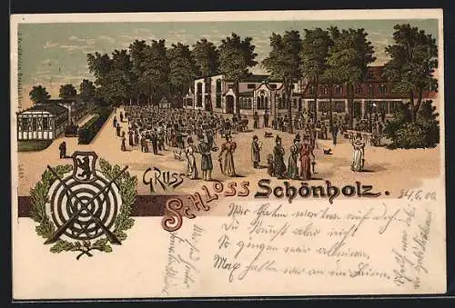 Lithographie Berlin-Schönholz, Partie am Schloss mit Gartenrestaurant, Eichenkranz mit Gewehr und Zielscheibe