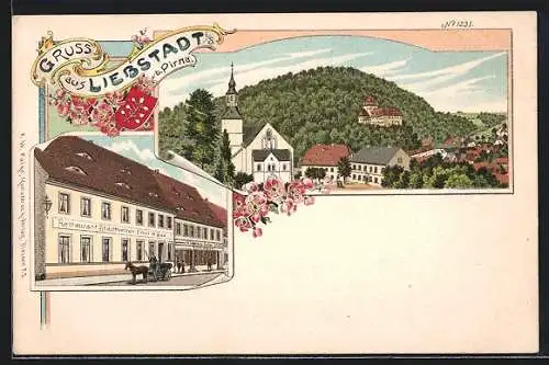 Lithographie Liebstadt b. Pirna, Restaurant Stadtkeller, Ortsansicht mit Kirche
