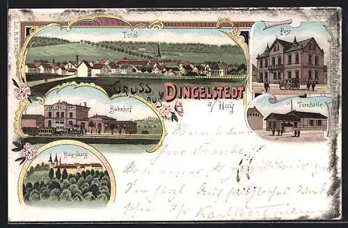 Lithographie Dingelstedt a. Huy, Bahnhof, Turnhalle, Post, Huysburg