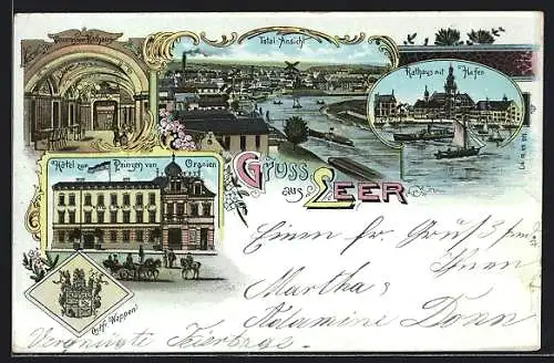 Lithographie Leer / Ostfr., Hotel zum Prinzen, Rathaus mit Hafen und Dampfer