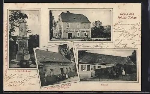 AK Pohlitz-Giekau, Restaurant zur grünen Aue, Materialwarenhandlnug v. Tratsch, Schule, Kriegerdenkmal