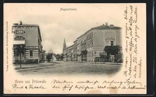 AK Pritzwalk, Hagenstrasse Geschäft Louis Calmon links und Geschäft Adolf Dierke rechts